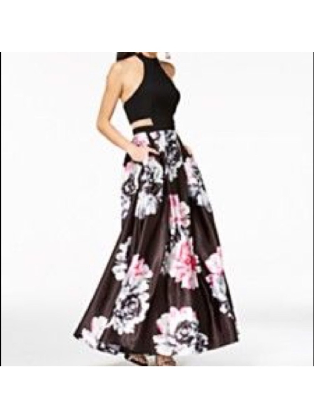 Blondie Nites Black Floral Halter Prom Gown